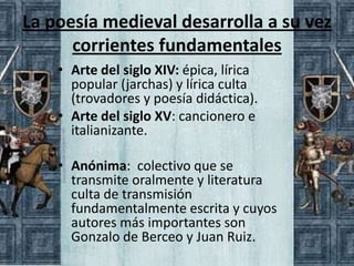 La poesía medieval desarrolla a su vez
      corrientes fundamentales
    • Arte del siglo XIV: épica, lírica
      popular (jarchas) y lírica culta
      (trovadores y poesía didáctica).
    • Arte del siglo XV: cancionero e
      italianizante.

    • Anónima: colectivo que se
      transmite oralmente y literatura
      culta de transmisión
      fundamentalmente escrita y cuyos
      autores más importantes son
      Gonzalo de Berceo y Juan Ruiz.
 