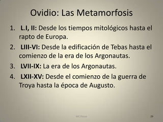 Ovidio: Las Metamorfosis
1. L.I, II: Desde los tiempos mitológicos hasta el
   rapto de Europa.
2. LIII-VI: Desde la edificación de Tebas hasta el
   comienzo de la era de los Argonautas.
3. LVII-IX: La era de los Argonautas.
4. LXII-XV: Desde el comienzo de la guerra de
   Troya hasta la época de Augusto.



                       MC Ponce                  29
 