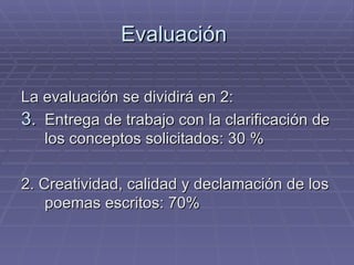 Evaluación  La evaluación se dividirá en 2: Entrega de trabajo con la clarificación de los conceptos solicitados: 30 % 2. Creatividad, calidad y declamación de los poemas escritos: 70% 