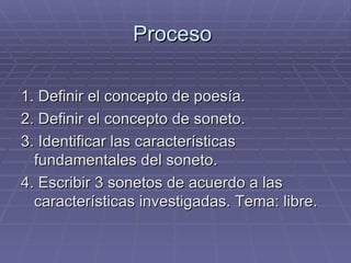 Proceso  1. Definir el concepto de poesía. 2. Definir el concepto de soneto. 3. Identificar las características fundamentales del soneto. 4. Escribir 3 sonetos de acuerdo a las características investigadas. Tema: libre. 