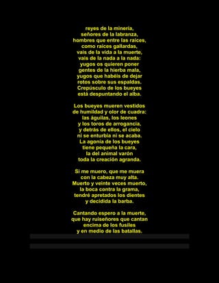 reyes de la minería,
señores de la labranza,
hombres que entre las raíces,
como raíces gallardas,
vais de la vida a la muerte,
vais de la nada a la nada:
yugos os quieren poner
gentes de la hierba mala,
yugos que habéis de dejar
rotos sobre sus espaldas.
Crepúsculo de los bueyes
está despuntando el alba.
Los bueyes mueren vestidos
de humildad y olor de cuadra:
las águilas, los leones
y los toros de arrogancia,
y detrás de ellos, el cielo
ni se enturbia ni se acaba.
La agonía de los bueyes
tiene pequeña la cara,
la del animal varón
toda la creación agranda.
Si me muero, que me muera
con la cabeza muy alta.
Muerto y veinte veces muerto,
la boca contra la grama,
tendré apretados los dientes
y decidida la barba.
Cantando espero a la muerte,
que hay ruiseñores que cantan
encima de los fusiles
y en medio de las batallas.
 
