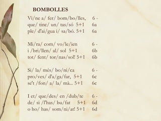 BOMBOLLES Vi/ne a/ fer/ bom/bo/lles,  6 - que/ tinc/ un/ tas/só 5+1 6a ple/ d'ai/gua i/ sa/bó. 5+1 6a Mi/ra/ com/ vo/le/ien 6 - i /bri/llen/ al/ sol  5+1 6b tot/ fent/ tor/nas/sol! 5+1 6b Si/ la/ més/ bo/ni/ca 6 - pro/ves/ d'a/ga/far,  5+1 6c se't /fon/ a/ la/ mà... 5+1 6c I et/ que/des/ en /dub/te 6 - de/ si /l'has/ bu/fat  5+1 6d o ho/ has/ som/ni/at! 5+1 6d 