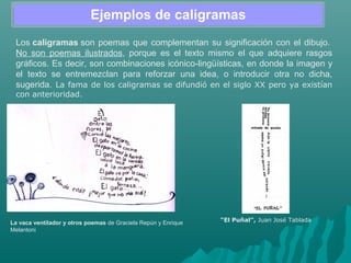 La vaca ventilador y otros poemas de Graciela Repún y Enrique
Melantoni
Los caligramas son poemas que complementan su significación con el dibujo.
No son poemas ilustrados, porque es el texto mismo el que adquiere rasgos
gráficos. Es decir, son combinaciones icónico-lingüísticas, en donde la imagen y
el texto se entremezclan para reforzar una idea, o introducir otra no dicha,
sugerida. La fama de los caligramas se difundió en el siglo XX pero ya existían
con anterioridad.
Ejemplos de caligramas
“El Puñal”, Juan José Tablada
 