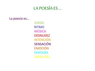 LA POESÍAES …
La poesía es…
JUEGO
RITMO
MÚSICA
DESNUDEZ
INTENCIÓN
SENSACIÓN
EMOCIÓN
FANTASÍA
CREACIÓN…
 