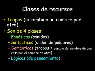 Clases de recursos
• Tropos (si cambian un nombre por
otro)
• Son de 4 clases:
– Fonéticas (sonidos)
– Sintácticas (orden de palabras)
– Semánticas (tropos = cambio del nombre de una
cosa por el nombre de otra)
– Lógicas (de pensamiento)
 