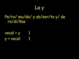 La y
Pe/ro/ mu/do/ y ab/sor/to y/ de
ro/di/llas
vocal + y 1
y + vocal 1
vocal + y + vocal 2: do / yab
 