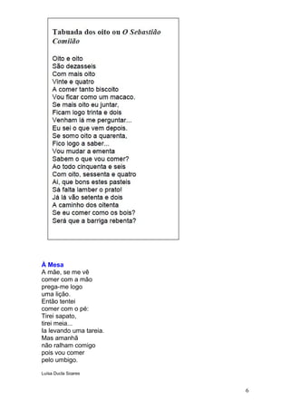 À Mesa
A mãe, se me vê
comer com a mão
prega-me logo
uma lição.
Então tentei
comer com o pé:
Tirei sapato,
tirei meia...
Ia levando uma tareia.
Mas amanhã
não ralham comigo
pois vou comer
pelo umbigo.

Luísa Ducla Soares


                         6
 