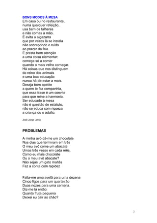BONS MODOS À MESA
Em casa ou no restaurante,
numa qualquer refeição,
usa bem os talheres
e não comas à mão.
E evita a algazarra
que por vezes lá se instala
não sobrepondo o ruído
ao prazer da fala.
E presta bem atenção
a uma coisa elementar:
começa só a comer
quando o mais velho começar.
Há coisas que nos distinguem
do reino dos animais
e uma boa educação
nunca há-de estar a mais.
Deseja bom apetite
a quem te faz companhia,
que essa frase é um convite
para que reine a harmonia.
Ser educado à mesa
não é questão de estatuto,
não se educa com riqueza
a criança ou o adulto.

José Jorge Letria



PROBLEMAS

A minha avó dá-me um chocolate
Nos dias que terminam em três
O meu avô come um abacate
Umas três vezes em cada mês.
Como eu mais chocolate
Ou o meu avô abacate?
Não sejas um gato maltês
Faz a conta com rapidez


Falta-me uma avelã para uma dezena
Cinco figos para um quarteirão
Duas nozes para uma centena.
Diz-me lá então:
Quanta fruta pequena
Deixei eu cair ao chão?



                                     7
 