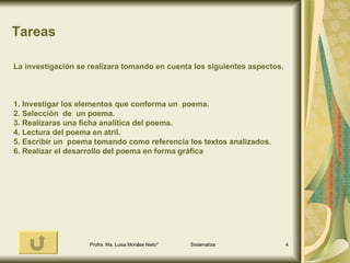 Tareas La investigación se realizara tomando en cuenta los siguientes aspectos. 1. Investigar los elementos que conforma un  poema. 2. Selección  de  un poema. 3. Realizaras una ficha analítica del poema. 4. Lectura del poema en atril. 5. Escribir un  poema tomando como referencia los textos analizados. 6. Realizar el desarrollo del poema en forma gráfica 