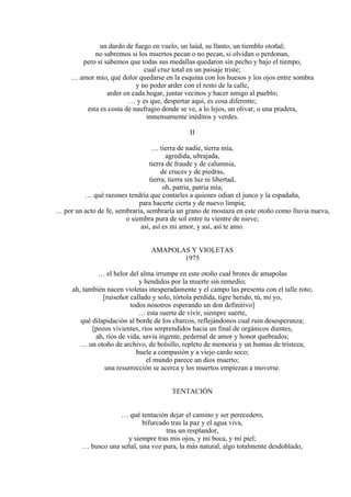 un dardo de fuego en vuelo, un laúd, su llanto, un tiemblo otoñal;
no sabremos si los muertos pecan o no pecan, si olvidan o perdonan,
pero sí sabemos que todas sus medallas quedaron sin pecho y bajo el tiempo,
cual cruz total en un paisaje triste;
… amor mío, qué dolor quedarse en la esquina con los huesos y los ojos entre sombra
y no poder arder con el resto de la calle,
arder en cada hogar, juntar vecinos y hacer amigo al pueblo;
… y es que, despertar aquí, es cosa diferente;
esta es costa de naufragio donde se ve, a lo lejos, un olivar, o una pradera,
inmensamente inéditos y verdes.
II
… tierra de nadie, tierra mía,
agredida, ultrajada,
tierra de fraude y de calumnia,
de cruces y de piedras,
tierra, tierra sin luz ni libertad,
oh, patria, patria mía;
… qué razones tendría que contarles a quienes odian el junco y la espadaña,
para hacerte cierta y de nuevo limpia;
… por un acto de fe, sembraría, sembraría un grano de mostaza en este otoño como lluvia nueva,
o siembra pura de sol entre tu vientre de nieve;
así, así es mi amor, y así, así te amo.
AMAPOLAS Y VIOLETAS
1975
… el helor del alma irrumpe en este otoño cual brotes de amapolas
y hendidos por la muerte sin remedio;
ah, también nacen violetas inesperadamente y el campo las presenta con el talle roto;
[ruiseñor callado y solo, tórtola perdida, tigre herido, tú, mi yo,
todos nosotros esperando un don definitivo]
… esta suerte de vivir, siempre suerte,
qué dilapidación al borde de los charcos, reflejándonos cual ruin desesperanza;
[pozos vivientes, ríos sorprendidos hacia un final de orgánicos dientes,
ah, ríos de vida, savia ingente, pedernal de amor y honor quebrados;
… un otoño de archivo, de bolsillo, repleto de memoria y un humus de tristeza;
huele a compasión y a viejo cardo seco;
el mundo parece un dios muerto;
una resurrección se acerca y los muertos empiezan a moverse.
TENTACIÓN
… qué tentación dejar el camino y ser perecedero,
bifurcado tras la paz y el agua viva,
tras un resplandor,
y siempre tras mis ojos, y mi boca, y mi piel;
… busco una señal, una voz pura, la más natural, algo totalmente desdoblado,
 