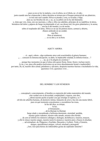 - pues ya no es ley la malaria, y no el cólera, no el ébola, no el sida -
justo cuando una luz crepuscular y dulce derrama su ternura por el bosque potencial de sus planicies;
… es tras este acto cuando África se prende y crea, se levanta y fulge,
pues ay sus broches de oro, y ay, ay su jubón con la luz del diamante;
y, éstas que veis, éstas, son sus naciones, y ellas y ellos sus adalides, príncipes de su república, la única,
herederos del dolor y pájaros de fuego inventariando el sol, sus dioses mil, los giros planetarios y la arena;
… son las 6 del mundo y es de noche;
sobre el resplandor del alma, África es un ojo de pantera áureo, carmesí y abierto,
ébanos ardiendo en un cendal,
una flor,
Dios al amanecer;
… es su don y es su hora.
AQUÍ Y AHORA
… sí - aquí y ahora - algo realmente atroz está ocurriéndole al género humano;
¿ … conocéis la inmensa decepción, su daño, la implacable soledad, la infinita tristeza…?
¡ … ay, ay si la alegría no existiese !
… porque hay momentos en que el alma sólo quiere llorar, llorar, llorar e incluso morir;
[y no, y no, pues ello podría resolvernos en un error absolutamente brutal e inadmisible]
por tanto, oh, tú, nuestro dios carnal, préndenos y sálvanos, despierta nuestras fuerzas e incéndianos la vida;
queremos vivir, queremos vivir…
DEL HOMBRE Y LOS NÚMEROS
… conceptual y concretamente, el hombre es expresión del orden matemático del mundo;
esta verdad con su diversidad, complejidad y riqueza, este don,
¿ abrirá nuestro pecho al poder con que irrumpe el espíritu y es ?
oh hilo de soberbia humana, oh destierro íntimo, balaustre de error y hez de esta mente febril,
pues en qué momento conculcamos y escondimos las rosas,
la faz del dios, su estirpe,
la luz,
el firmamento…
…ah la libertad, la libertad,
fuego alado y encumbrada y bellísima durmiente, eternidad perdida,
nuestro genio redentor, nuestro niño amado, nuestro dios herido;
… de cero al infinito los números cabalgan y dialogan, desfallecen y mueren, renacen,
y ello lo intuye nuestra sangre, nuestra razón lo anuncia y nuestros pies y brazos lo diseñan;
… ad exémplum: ah, Pitágoras y Euclides, Descartes y Leibniz, Tesla y Einstein,
amigos, queridísimos amigos, volved, retornad y proseguid;
¡ loor, loor para héroes de imborrables gestas de esplendor inmortal !
 