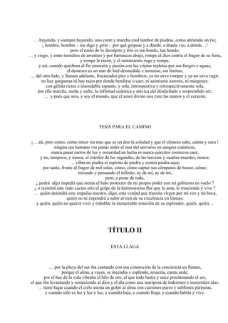 … huyendo, y siempre huyendo, uno corre y marcha cual tambor de piedras, como abriendo un río;
¡ hombre, hombre – me digo y grito – por qué golpeas y a dónde, a dónde vas, a dónde…!
pero el ruido de lo decrépito y frío es tan hondo, tan hondo;
… y ciego, y entre tumultos de arrastres y por barrancos abajo, rompe el dios contra el fragor de su furia,
y rompe la razón, y el sentimiento ruge y rompe,
y así, cuando quiebran al fin emoción y pasión con las criptas repletas por sus fuegos y aguas,
el destrozo es un mar de hiel desmedido e inmenso, sin límites;
… del otro lado, y llanura adelante, fracturados pies y hombros, ya no sirve romper y ya no sirve rugir:
no hay gargantas ni hay tajos por donde hendirse o caer, ni asimismo auroras, ni márgenes:
con gélido rictus e insondable espanto, y sola, introspectiva y retrospectivamente sola,
por ella marcha, rueda y sufre, la infinitud cuántica y atávica del desdichado y sorprendido ser;
… y pues que sois, y soy el mundo, que el amor divino nos cure las manos y el corazón.
TESIS PARA EL CAMINO
¡ …ah, pero cómo, cómo intuir sin más que es un don la soledad y que el silencio sabe, calma y cura !
ningún ojo humano vio jamás arder el mar del universo en sangres cuánticas,
nunca pasar carros de luz y oscuridad en lucha ni nunca ejércitos cósmicos caer,
y no, tampoco, y nunca, el estertor de las segundas, de las terceras y cuartas muertes, nunca;
… vibra en piedra el espíritu de piedra y contra piedra aquí;
por tanto, frente al fragor de mil soles, cómo, cómo captar sus cómputos de honor, cómo;
mirando y pensando el infinito, ay de mí, ay de mí,
pero, a pesar de todo,
¿ podrá algo impedir que sienta el halo protector de mi propio poder con mi gobierno en vuelo ?
¿ o resistirá este rudo cactus mío el golpe de la hermosísima flor que lo ama, lo trasciende y vive ?
… quién detendrá este impulso nuestro, digo, esta verdad que transita virgen por mi voz y mi boca,
quién no se expondrá a subir al tren de su excelencia en llamas,
y quién, quién no querrá vivir y redoblar la inenarrable emoción de su esplendor, quién, quién…
TÍTULO II
ESTA LLAGA
… por la playa del sur iba cantando con esa conmoción de la conciencia en llamas,
porque el alma, a veces, se incendia y esplende, resucita, canta, arde;
por el haz de la vida vibraba el hilo de oro, el que todo lustra y unce proclamando el ser,
el que iba levantando y sosteniendo al dios y el día como una mariposa de indemnes e inmortales alas;
… tiene lugar cuando el cielo asesta un golpe al alma con carmines puros y sublimes púrpuras,
y cuando sólo es luz y luz y luz, y cuando baja, y cuando llega, y cuando habita y vive,
 