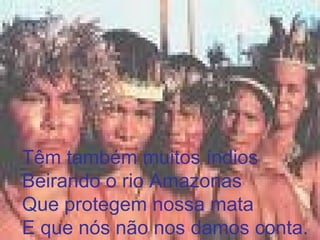 Têm também muitos índios Beirando o rio Amazonas Que protegem nossa mata E que nós não nos damos conta. 