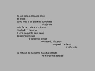 de um lado o lodo da noite
do outro
outro lodo e as gramas putrefatas
                        vicejando
esta faixa dura e noturna
dividindo o deserto
é uma serpente sem casa
deglutindo metais
            e peidando gases
                       vomitando vísceras
                                  ao pasto de lama
                                              indiferente

tu: reflexo de serpente no olho perdido
                         no horizonte perdido
 