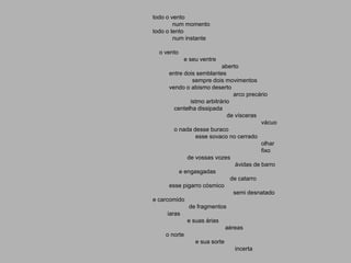 todo o vento
        num momento
todo o tento
        num instante

  o vento
            e seu ventre
                             aberto
       entre dois semblantes
                 sempre dois movimentos
       vendo o abismo deserto
                                  arco precário
                istmo arbitrário
         centelha dissipada
                               de vísceras
                                             vácuo
         o nada desse buraco
                  esse sovaco no cerrado
                                             olhar
                                             fixo
              de vossas vozes
                                   ávidas de barro
           e engasgadas
                                 de catarro
       esse pigarro cósmico
                                  semi desnatado
e carcomido
               de fragmentos
      iaras
              e suas árias
                              aéreas
     o norte
                  e sua sorte
                                   incerta
 