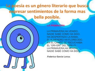 La poesía es un género literario que busca
 expresar sentimientos de la forma mas
              bella posible.
                    LA PRIMAVERA

                    LA PRIMAVERA HA VENIDO,
                    NADIE SABE CÓMO HA SIDO.
                    HA DESPERTADO LA RAMA,
                    EL ALMENDRO HA FLORECIDO.
                    EN EL CAMPO SE ESCUCHABA
                    EL “GRI-GRI” DEL GRILLO.
                    LA PRIMAVERA HA VENIDO
                    NADIE SABE CÓMO HA SIDO.

                    (Federico García Lorca)
 