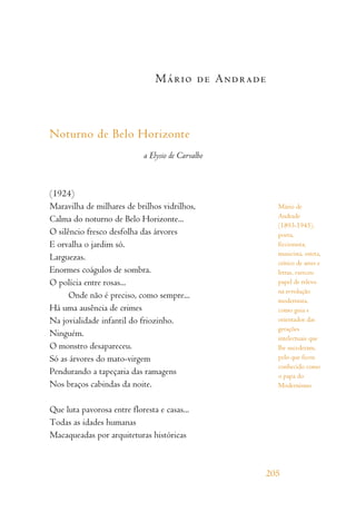 Mário de Andrade
Noturno de Belo Horizonte
a Elysio de Carvalho
(1924)
Maravilha de milhares de brilhos vidrilhos,
Calma do noturno de Belo Horizonte...
O silêncio fresco desfolha das árvores
E orvalha o jardim só.
Larguezas.
Enormes coágulos de sombra.
O polícia entre rosas...
Onde não é preciso, como sempre...
Há uma ausência de crimes
Na jovialidade infantil do friozinho.
Ninguém.
O monstro desapareceu.
Só as árvores do mato-virgem
Pendurando a tapeçaria das ramagens
Nos braços cabindas da noite.
Que luta pavorosa entre floresta e casas...
Todas as idades humanas
Macaqueadas por arquiteturas históricas
205
Mário de
Andrade
(1893-1945),
poeta,
ficcionista,
musicista, esteta,
crítico de artes e
letras, exerceu
papel de relevo
na revolução
modernista,
como guia e
orientador das
gerações
intelectuais que
lhe sucederam,
pelo que ficou
conhecido como
o papa do
Modernismo
 