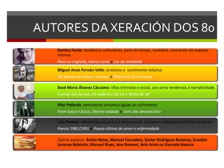 AUTORES DA XERACIÓN DOS 80
Ramiro Fonte: tendencia culturalista, paso do tempo, nostalxia, evocación de espazos
íntimos.
Pasa un segredo, Adeus norte e Luz do mediodía.
Miguel Anxo Fernán-Vello: erotismo e sentimento telúrico.
Do desexo en corpo e sombra e Memorial de brancura.
Xosé María Álvarez Cáccamo: liñas intimista e social, con certa tendencia á narratividade.
A praia das furnas, Os cadernos da ira e Vento de sal.
Pilar Pallarés: sentimento amoroso ligado ao sufrimento.
Entre lusco e fusco, Sétima soidade e Livro das devoracións.
Lois Pereiro: referencias ao cine e á música rock, así como á decadencia física e á morte.
Poesía 1981/1991 e Poesía última de amor e enfermidade.
Outros autores: Antón Reixa, Manuel Forcadela, Xavier Rodríguez Baixeras, Eusebio
Lorenzo Baleirón, Manuel Rivas, Ana Romaní, Xela Arias ou Gonzalo Navaza.
 