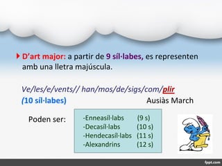  D’art major: a partir de 9 síl·labes, es representen
amb una lletra majúscula.
Ve/les/e/vents// han/mos/de/sigs/com/plir...