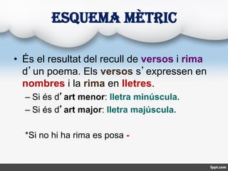 ESQUEMA MÈTRIC
• És el resultat del recull de versos i rima
d’un poema. Els versos s’expressen en
nombres i la rima en lle...