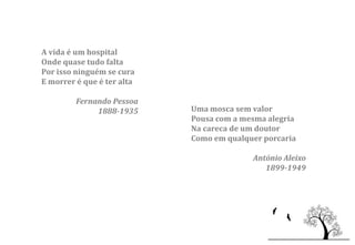 A vida é um hospital
Onde quase tudo falta
Por isso ninguém se cura
E morrer é que é ter alta

         Fernando Pessoa
              1888-1935     Uma mosca sem valor
                            Pousa com a mesma alegria
                            Na careca de um doutor
                            Como em qualquer porcaria

                                          António Aleixo
                                             1899-1949
 