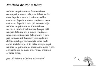 Na Hora de Pôr a Mesa
na hora de pôr a mesa, éramos cinco:
o meu pai, a minha mãe, as minhas irmãs
e eu. depois, a minha irmã mais velha
casou-se. depois, a minha irmã mais nova
casou-se. depois, o meu pai morreu. hoje,
na hora de pôr a mesa, somos cinco,
menos a minha irmã mais velha que está
na casa dela, menos a minha irmã mais
nova que está na casa dela, menos o meu
pai, menos a minha mãe viúva. cada um
deles é um lugar vazio nesta mesa onde
como sozinho. mas irão estar sempre aqui.
na hora de pôr a mesa, seremos sempre cinco.
enquanto um de nós estiver vivo, seremos
sempre cinco.

José Luís Peixoto, in "A Casa, a Escuridão"
 