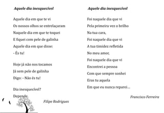 Aquele dia inesquecível                 Aquele dia inesquecível

Aquele dia em que te vi                 Foi naquele dia que vi
Os nossos olhos se entrelaçaram         Pela primeira vez o brilho
Naquele dia em que te toquei            Na tua cara,
E fiquei com pele de galinha            Foi naquele dia que vi
Aquele dia em que disse:                A tua timidez refletida
- És tu!                                No meu amor,
                                        Foi naquele dia que vi
Hoje já não nos tocamos
                                        Encontrei a pessoa
Já sem pele de galinha
                                        Com que sempre sonhei
Digo: - Não és tu!
                                        Eras tu aquela
                                        Em que eu nunca reparei…
Dia inesquecível?
Depende.                                                             Francisco Ferreira
                     Filipe Rodrigues
 