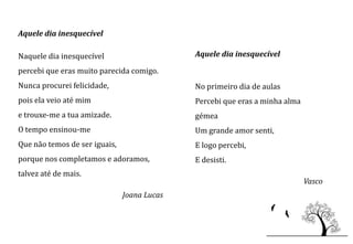 Aquele dia inesquecível

Naquele dia inesquecível                     Aquele dia inesquecível

percebi que eras muito parecida comigo.
Nunca procurei felicidade,                   No primeiro dia de aulas
pois ela veio até mim                        Percebi que eras a minha alma
e trouxe-me a tua amizade.                   gémea
O tempo ensinou-me                           Um grande amor senti,
Que não temos de ser iguais,                 E logo percebi,
porque nos completamos e adoramos,           E desisti.
talvez até de mais.
                                                                             Vasco
                               Joana Lucas
 