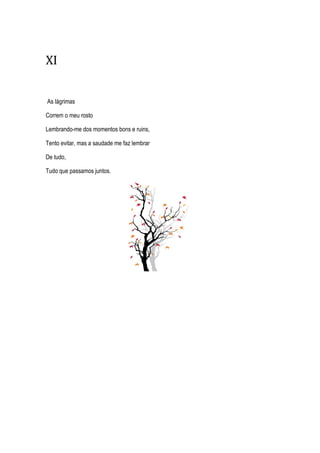 XI
As lágrimas
Correm o meu rosto
Lembrando-me dos momentos bons e ruins,
Tento evitar, mas a saudade me faz lembrar
De tudo,
Tudo que passamos juntos.
 