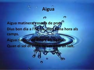 Aigua
                   Aigua

Aigua matinera, rosada de prat
Dius bon dia a l'herba, dius bona hora als
camps.
Aigua riallera de dintre els bassals
Quan el sol et crida, hi vas amb un salt.
 