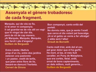 Assenyala el gènere trobadoresc  de cada fragment. Marquès, qui de vós es fia, ni té amor ni companyia; li cal guardar-se de vós allí on vagi: que hi vingui de clar dia, però de nit de cap manera. ¡Ai Marquès, Marquès, Marquès, sou farcit i ple d’engany! Guillem de Berguedà Entre Lleida i Bellvís prop d’un riu, entre dos jardins estaven una pastoreta i un pastor, vestit de terlis, que jeien entre flors de lis, besant-se damunt l’herbeta. Cerverí de Girona Bon companyó, canto enllà del portell. No dormiu més, que ja sento l’ocell que cerca el dia volant pel boscatge. ¡Ai si el gelós us venia a fer ultratge! ¡I adés serà l’alba! Girault de Borneilh Canto molt trist, amb dol al cor, pel gran dolor que m’ha garfit. Ha mort, ai las, el més lluït cavaller, en Ponç de Mataplana, que era cortès, lleial, ardit, ornat de bons capteniments, un dels millors, molt generós,... Guillem de Berguedà 