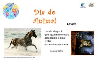 Dia do Animal Cavalo Um dia chegará que alguém se mostre agradecido  e diga: Entre e coma à nossa mesa. António Osório Fonte: http://fotosdoalvaro.blogspot.com/2010/11/cavalos-1.html 