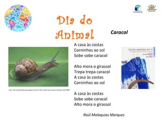 Dia do Animal Caracol A casa às costas  Corninhos ao sol Sobe sobe caracol Alto mora o girassol Trepa trepa caracol A casa às costas Corninhos ao sol A casa às costas Sobe sobe caracol Alto mora o girassol Raúl Malaquias Marques Fonte: http://ocatarrodaformiga.blogspot.com/2011/06/o-caracol-esse-molusco-simpatico-alem. html 