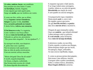 Há colos, ombros, bocas, um semblante              E enquanto sigo para o lado oposto,
Nas posições de certo frutos. E entre              E ao longe rodam umas carruagens,
As hortaliças, túmido, fragante,                   A pobre, afasta-se, ao calor de agosto,
Como alguém que tudo aquilo jante,                 Descolorida nas maçãs do rosto,
Surge um melão, que me lembrou um ventre.          E sem quadris na saia de ramagens.

E como um feto, enfim, que se dilate,              Um pequerrucho rega a trepadeira
Vi nos legumes carnes tentadoras,                  Duma janela azul; e, com o ralo
Sangue na ginja vivida, escarlate,                 Do regador, parece que joeira
Bons corações pulsando no tomate                   Ou que borrifa estrelas; e a poeira
E dedos hirtos, rubros, nas cenouras.              Que eleva nuvens alvas a incensá-lo.

O Sol dourava o céu. E a regateira,                Chegam do gigo emanações sadias,
Como vendera a sua fresca alface                   Ouço um canário - que infantil chilrada!
E dera o ramo de hortelã que cheira,               Lidam ménages entre as gelosias,
Voltando-se, gritou-me, prazenteira:               E o sol estende, pelas frontarias,
"Não passa mais ninguém!... Se me ajudasse?!...“   Seus raios de laranja destilada.

Eu acerquei-me dela, sem desprezo;                 E pitoresca e audaz, na sua chita,
E, pelas duas asas a quebrar,                      O peito erguido, os pulsos nas ilhargas,
Nós levantamos todo aquele peso                    Duma desgraça alegre que me incita,
Que ao chão de pedra resistia preso,               Ela apregoa, magra, enfezadita,
Com um enorme esforço muscular.                    As suas couves repolhudas, largas.

"Muito obrigada! Deus lhe dê saúde!"               E, como as grossas pernas dum gigante,
E recebi, naquela despedida,                       Sem tronco, mas atléticas, inteiras,
As forças, a alegria, a plenitude,                 Carregam sobre a pobre caminhante,
Que brotam dum excesso de virtude                  Sobre a verdura rústica, abundante,
Ou duma digestão desconhecida.                     Duas frugais abóboras carneiras.
 