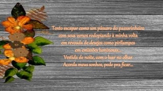 Tento escapar como um pássaro do passarinheiro
com seus versos rodopiando à minha volta
em revoada de desejos como pirilampos
em emissões luminosas...
Vestida de noite, com o luar no olhar
Acorda meus sonhos, pede pra ficar...