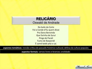 RELICÁRIO
                                           Oswald de Andrade
                                                       No	
  baile	
  da	
  Corte	
  
                                           Foi	
  o	
  Conde	
  d’Eu	
  quem	
  disse	
  
                                                    Pra	
  Dona	
  Benvinda	
  
                                                  Que	
  farinha	
  de	
  Suruí	
  
                                                        Pinga	
  de	
  ParaN	
  
                                                     Fumo	
  de	
  Baependi	
  
                                              É	
  comê	
  bebê	
  pitá	
  e	
  caí.	
  
aspectos	
  temá+cos:	
  revisão	
  críNca	
  do	
  passado	
  histórico-­‐cultural;	
  defesa	
  da	
  cultura	
  popular;	
  
                           aspectos	
  formais:	
  versos	
  livres	
  e	
  brancos;	
  oralidade.	
  
 