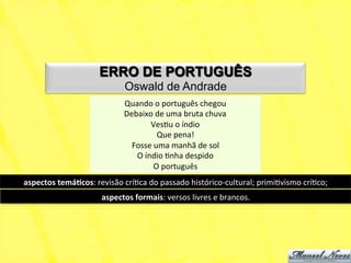 ERRO DE PORTUGUÊS
                                      Oswald de Andrade
                                      Quando	
  o	
  português	
  chegou	
  
                                      Debaixo	
  de	
  uma	
  bruta	
  chuva	
  
                                                VesNu	
  o	
  índio	
  
                                                  Que	
  pena!	
  
                                        Fosse	
  uma	
  manhã	
  de	
  sol	
  
                                         O	
  índio	
  Nnha	
  despido	
  
                                                O	
  português	
  
aspectos	
  temá+cos:	
  revisão	
  críNca	
  do	
  passado	
  histórico-­‐cultural;	
  primiNvismo	
  críNco;	
  
                             aspectos	
  formais:	
  versos	
  livres	
  e	
  brancos.	
  
 