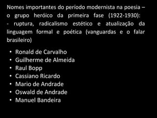 Nomes importantes do período modernista na poesia – o grupo heróico da primeira fase (1922-1930):  - ruptura, radicalismo estético e atualização da linguagem formal e poética (vanguardas e o falar brasileiro) Ronald de Carvalho Guilherme de Almeida Raul Bopp Cassiano Ricardo Mario de Andrade Oswald de Andrade Manuel Bandeira 