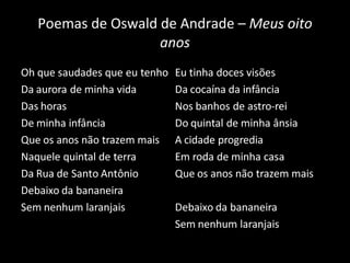 Poemas de Oswald de Andrade –  Meus oito anos 