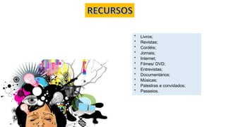 * Livros;
* Revistas;
* Cordéis;
* Jornais;
* Internet;
* Filmes/ DVD;
* Entrevistas;
* Documentários;
* Músicas;
* Palestras e convidados;
* Passeios.
 