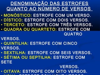 DENOMINAÇÃO DAS ESTROFES
QUANTO AO NÚMERO DE VERSOS
•
•
•
•

MONÓSTICO: ESTROFE COM UM VERSO.
DÍSTICO: ESTROFE COM DOIS VERSOS.
TERCETO: ESTROFE COM TRÊS VERSOS.
QUADRA OU QUARTETO: ESTROFE COM
QUATRO
VERSOS.
• QUINTILHA: ESTROFE COM CINCO
VERSOS.
• SEXTILHA: ESTROFE COM SEIS VERSOS.
• SÉTIMA OU SEPTILHA: ESTROFE COM
SETE
VERSOS.
• OITAVA: ESTROFE COM OITO VERSOS.

 