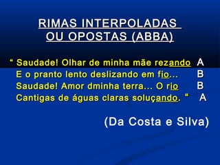 RIMAS INTERPOLADAS
OU OPOSTAS (ABBA)
“ Saudade! Olhar de minha mãe rez ando
E o pranto lento deslizando em f io ...
Saudade! Amor dminha terra... O r io
Cantigas de águas claras soluç ando . “

A
B
B
A

(Da Costa e Silva)

 