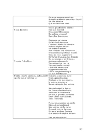 Em seus menores resquícios.
                                   Seus olhos refletem assombro. Depois
                                   me fala: Vinicius
                                   Que ma-ra-vilha é viver!

                                   Olho o grande morto enorme
A cara do morto                    Sua cara colossal
                                   Nessa cara lábios roxos
                                   E a palidez sepulcral
                                   Específica dos mortos.

                                     Essa cara me comove
                                     De beatitude tamanha.
                                     Chamo-o: Mário! ele não ouve
                                     Perdido no puro êxtase
                                     Da beleza da manhã.
                                     Mas caminha com hombridade
                                     Seus ombros suportam o mundo
                                     Como no verso inquebrável
                                     De Carlos Drummond de Andrade
                                     E o meu verga-se ao defunto…
O eco de Pedro Nava                  Assim passeio com ele
                                     Vou ao dentista com ele
                                     Vou ao trabalho com ele
                                     Como bife ao lado dele
                                     O gigantesco defunto
                                     Com a sua gravata brique
                                     E a sua infantilidade.
À tarde o morto abandona subitamente Somente às cinco da tarde
o poeta para ir enterrar-se          Senti a pressão amiga
                                     Desfazer-se do meu ombro...
                                     Ia o morto se enterrar
                                     No seu caixão de dois metros.

                                   Não pude seguir o féretro
                                   Por circunstâncias alheias
                                   À minha e à sua vontade
                                   (De fato, é grande a distância
                                   Entre uma e outra cidade...
                                   Aliás, teria medo

                                   Porque nunca sei se um sonho
                                   Não pode ser realidade).
                                   Mas sofri na minha carne
                                   O grande enterro da carne
                                   Do poeta Mário de Andrade
                                   Que morreu de angina pectoris:

                                   Vivo na imortalidade.




                                                                     189
 