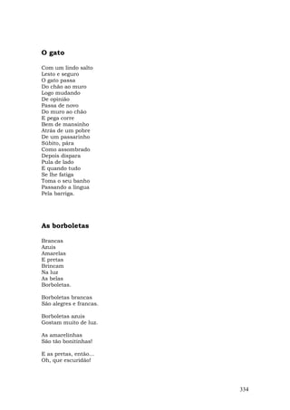 O gato

Com um lindo salto
Lesto e seguro
O gato passa
Do chão ao muro
Logo mudando
De opinião
Passa de novo
Do muro ao chão
E pega corre
Bem de mansinho
Atrás de um pobre
De um passarinho
Súbito, pára
Como assombrado
Depois dispara
Pula de lado
E quando tudo
Se lhe fatiga
Toma o seu banho
Passando a língua
Pela barriga.




As borboletas

Brancas
Azuis
Amarelas
E pretas
Brincam
Na luz
As belas
Borboletas.

Borboletas brancas
São alegres e francas.

Borboletas azuis
Gostam muito de luz.

As amarelinhas
São tão bonitinhas!

E as pretas, então...
Oh, que escuridão!




                         334
 
