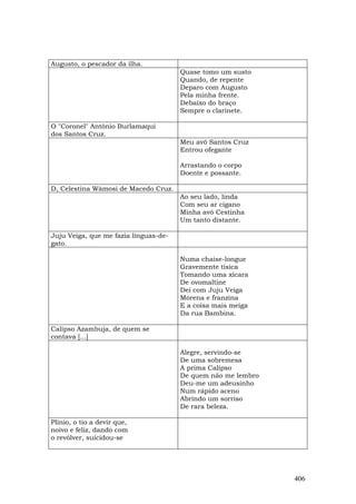 Augusto, o pescador da ilha.
                                       Quase tomo um susto
                                       Quando, de repente
                                       Deparo com Augusto
                                       Pela minha frente.
                                       Debaixo do braço
                                       Sempre o clarinete.

O "Coronel" Antônio Burlamaqui
dos Santos Cruz.
                                       Meu avô Santos Cruz
                                       Entrou ofegante

                                       Arrastando o corpo
                                       Doente e possante.

D, Celestina Wâmosi de Macedo Cruz.
                                       Ao seu lado, linda
                                       Com seu ar cigano
                                       Minha avó Cestinha
                                       Um tanto distante.

Juju Veiga, que me fazia línguas-de-
gato.

                                       Numa chaise-longue
                                       Gravemente tísica
                                       Tomando uma xícara
                                       De ovomaltine
                                       Dei com Juju Veiga
                                       Morena e franzina
                                       E a coisa mais meiga
                                       Da rua Bambina.

Calípso Azambuja, de quem se
contava [...]

                                       Alegre, servindo-se
                                       De uma sobremesa
                                       A prima Calípso
                                       De quem não me lembro
                                       Deu-me um adeusinho
                                       Num rápido aceno
                                       Abrindo um sorriso
                                       De rara beleza.

Plínio, o tio a devir que,
noivo e feliz, dando com
o revólver, suicidou-se




                                                               406
 