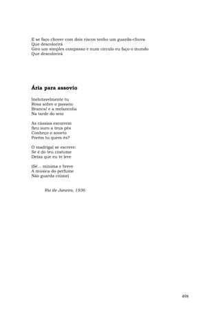 E se faço chover com dois riscos tenho um guarda-chuva
Que descolorirá
Giro um simples compasso e num círculo eu faço o mundo
Que descolorirá




Ária para assovio

Inelutavelmente tu
Rosa sobre o passeio
Branca! e a melancolia
Na tarde do seio

As cássias escorrem
Seu ouro a teus pés
Conheço o soneto
Porém tu quem és?

O madrigal se escreve:
Se é do teu costume
Deixa que eu te leve

(Sê... mínima e breve
A música do perfume
Não guarda ciúme)


      Rio de Janeiro, 1936




                                                         498
 