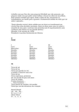 trabalho com que lhes dar uma pequena felicidade que não possuem, um
pequeno nada com que poder sentir brilhar o futuro no olhar de seus filhos.
Esse mesmo trabalho que agora, findo o labor do dia, encaminha os
trabalhadores em bando para a grande e fundamental solidão da noite que cai
sobre o planalto…

“Deste planalto central, desta solidão que em breve se transformará em
cérebro das altas decisões nacionais, lanço os olhos mais uma vez sobre o
amanhã do meu país e antevejo esta alvorada com fé inquebrantávele uma
confiança sem limites no seu grande destino."
(Brasília, 2 de outubro de 1956)
Presidente Juscelino Kubitschek de Oliveira


V
Coral


I                       II                        III
Coro                    Coro                      Coro
Masculino               Masculino                 Misto
Brasília                Brasília                  Brasília
Brasília                Brasília                  Brasília
Brasília                Brasília                  Brasília
Brasília                Brasília                  Brasília
Brasília                Brasília                  Brasília
BRASIL!                 BRASIL!                   BRASIL!


VI

Terra de sol
Terra de luz
Terra que guarda no céu
A brilhar o sinal de uma cruz
Terra de luz
Terra-esperança, promessa
De um mundo de paz e de amor
Terra de irmãos
Ó alma brasileira ...
... Alma brasileira ...
Terra-poesia de canções e de perdão
Terra que um dia encontrou seu coração

Brasil! Brasil!
Ah... Ah... Ah...
B r a s í 1 i a!
Dlem! Dlem!
Ô ... ô... ô... ô




                                                                            512
 