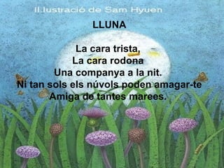 LLUNA   La cara trista,  La cara rodona  Una companya a la nit.  Ni tan sols els núvols poden amagar-te  Amiga de tantes marees.  