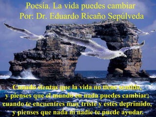 Poesía. La vida puedes cambiar
     Por: Dr. Eduardo Ricaño Sepúlveda




    Cuando sientas que la vida no tiene sentido,
 y pienses que el mundo en nada puedes cambiar;
cuando te encuentres muy triste y estés deprimido,
    y pienses que nada ni nadie te puede ayudar.
 