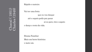 Chacal(1951)
Charles(1948)
Rápido e rasteiro
Vai ter uma festa
que eu vou dançar
até o sapato pedir pra parar
aí eu paro, tiro o sapato
e danço o resto da vida.
Drama Familiar
Mais um berro histérico
e mato um.
 